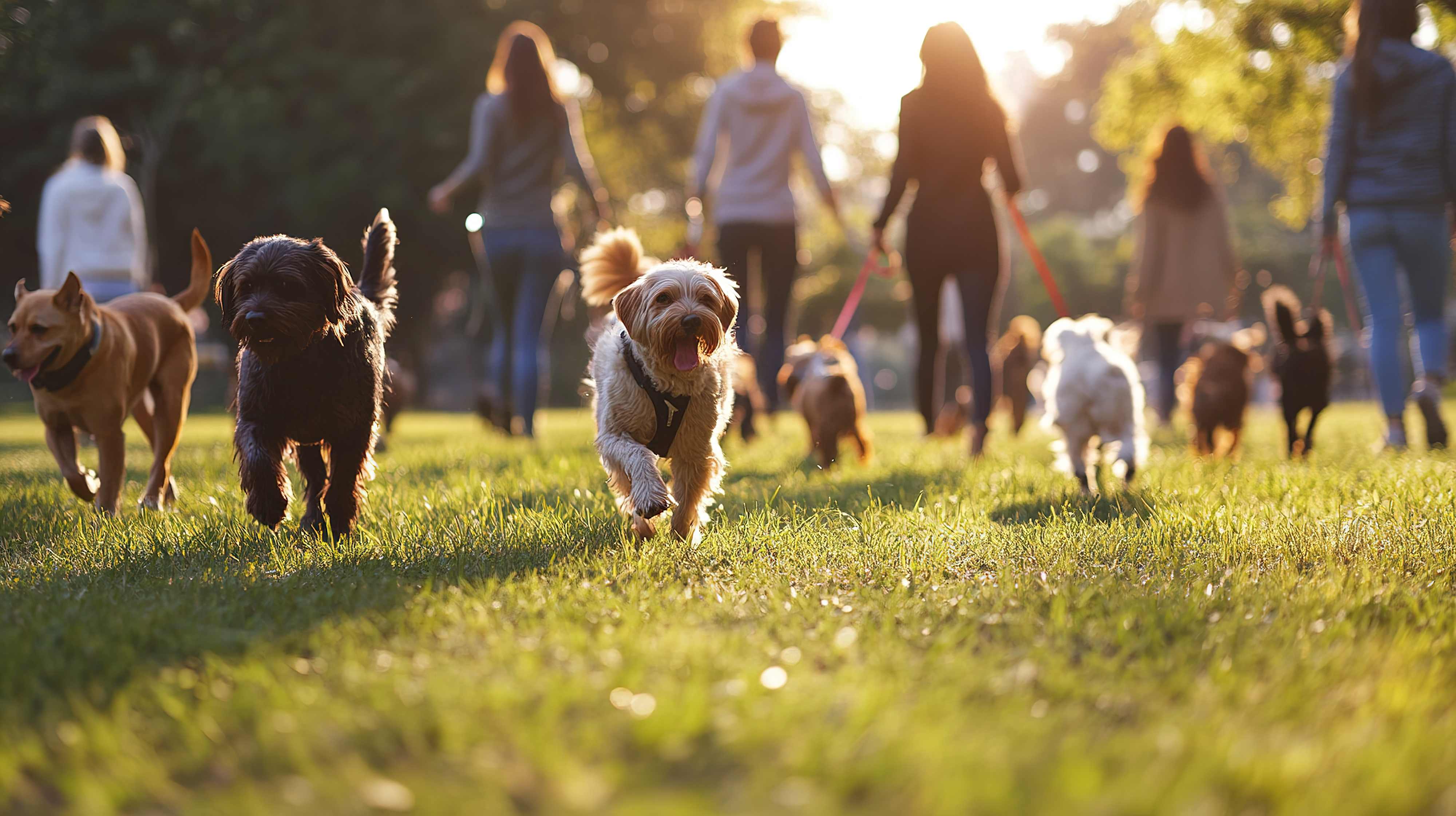 Dogs running together in a park with their owners walking behind them